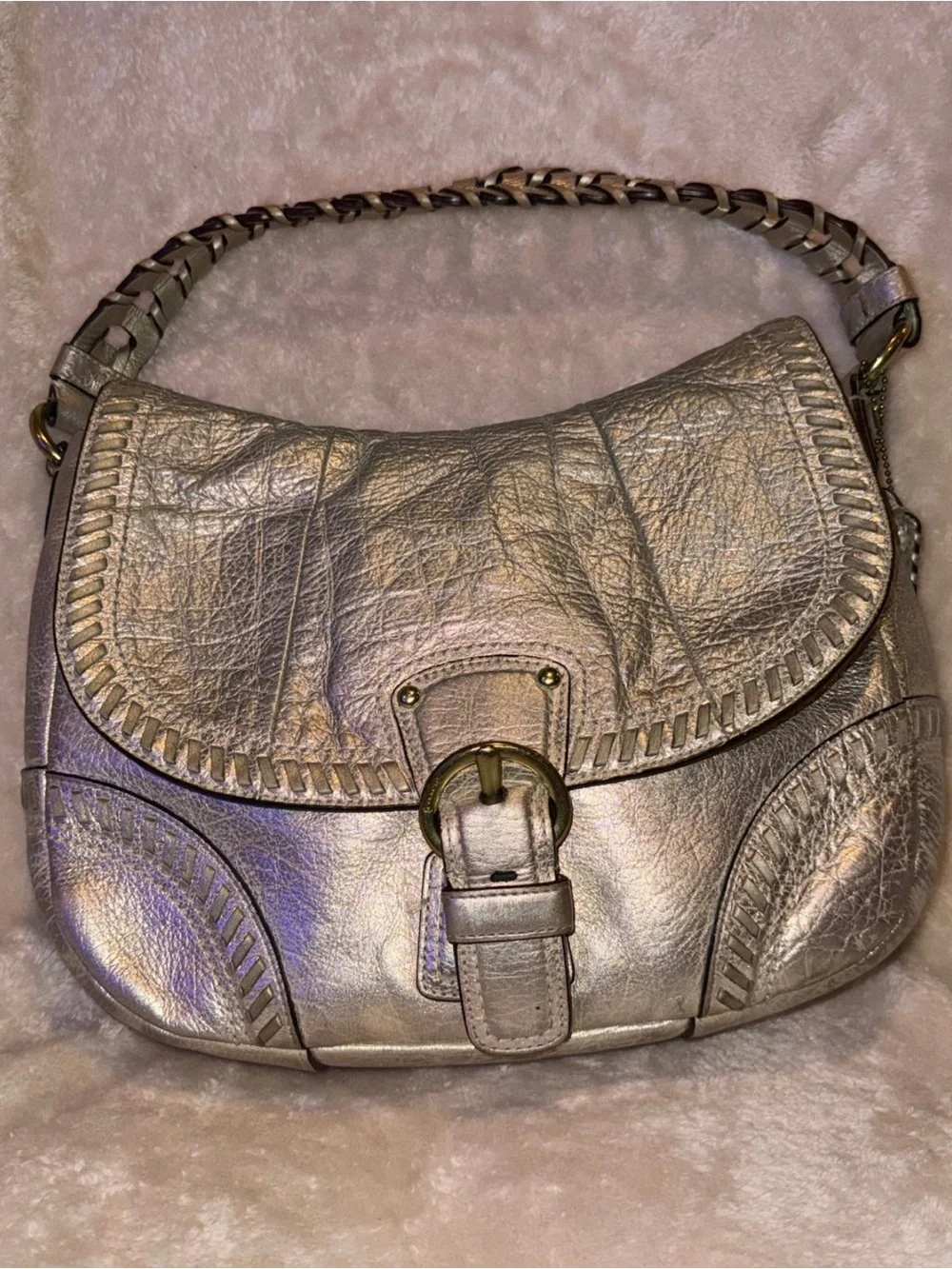 Rare Y2K Coach Metallic Whipstitch Leather Shoulder Bag Platinum Vintage READ - Picture 1 of 11
